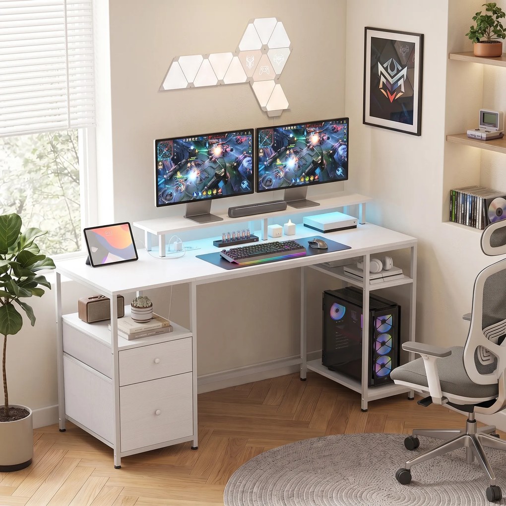 Secretária com Luzes LED Gavetas Tomadas Portas USB e Suporte para Monitor 155,5x48x88,5 cm Branco