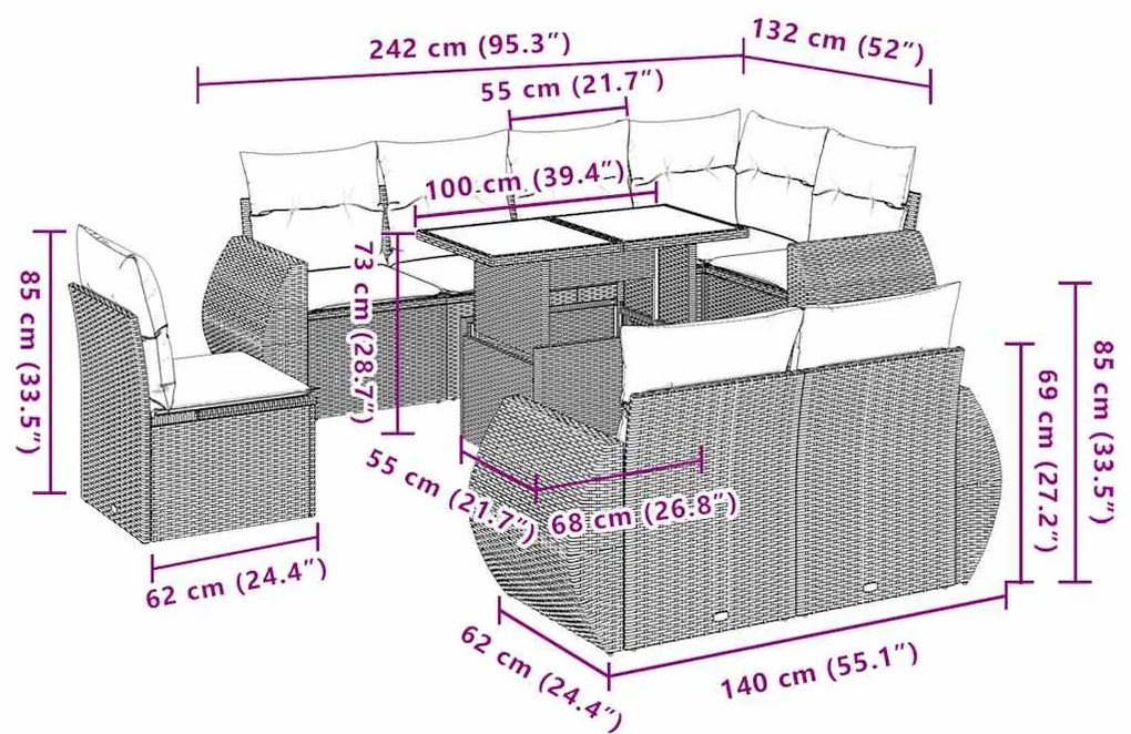 9 pcs conj. sofás jardim com almofadões vime PE cinzento-claro
