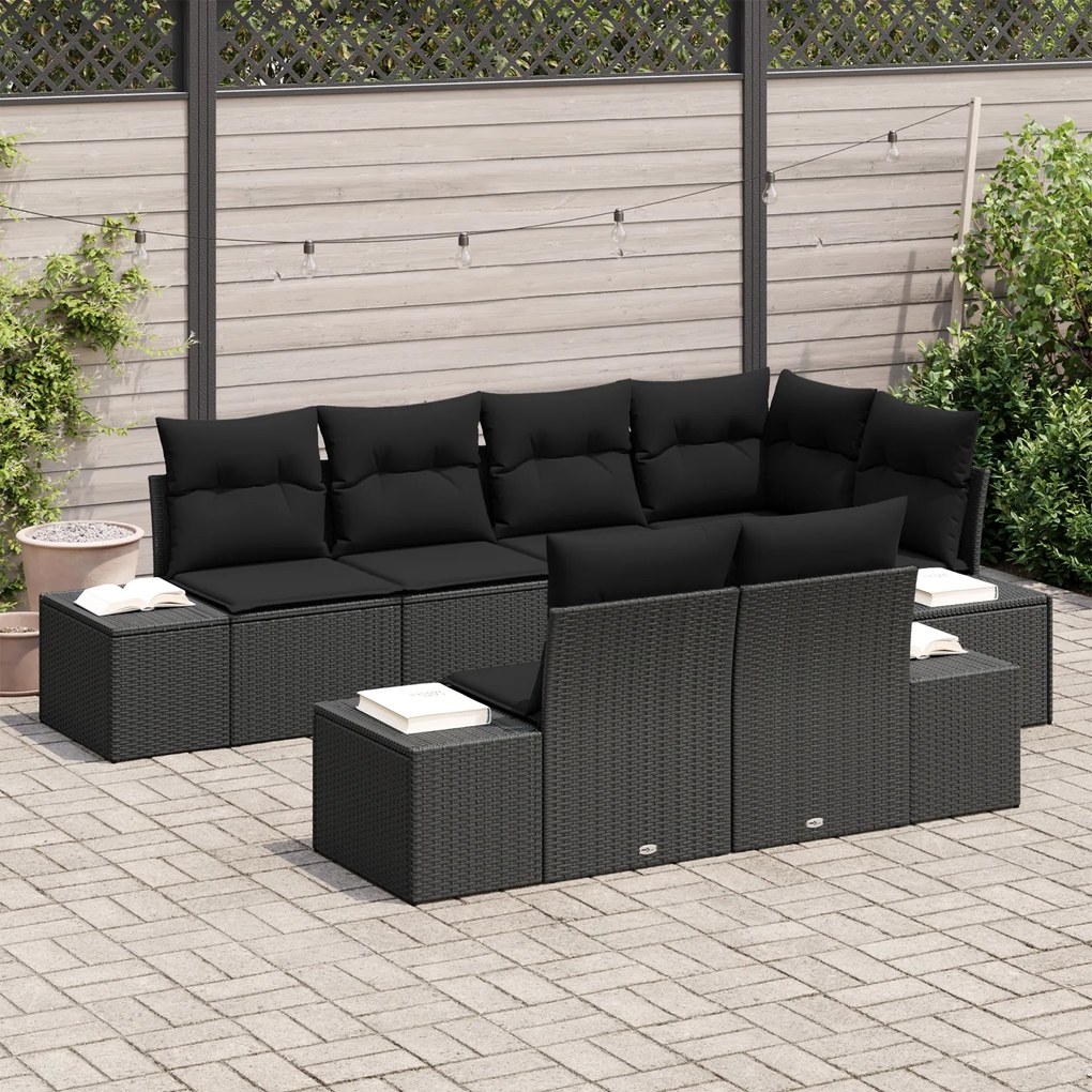 Conjunto de Sofá de Jardim de 7 Peças com Almofadas Preto Vime Poliést