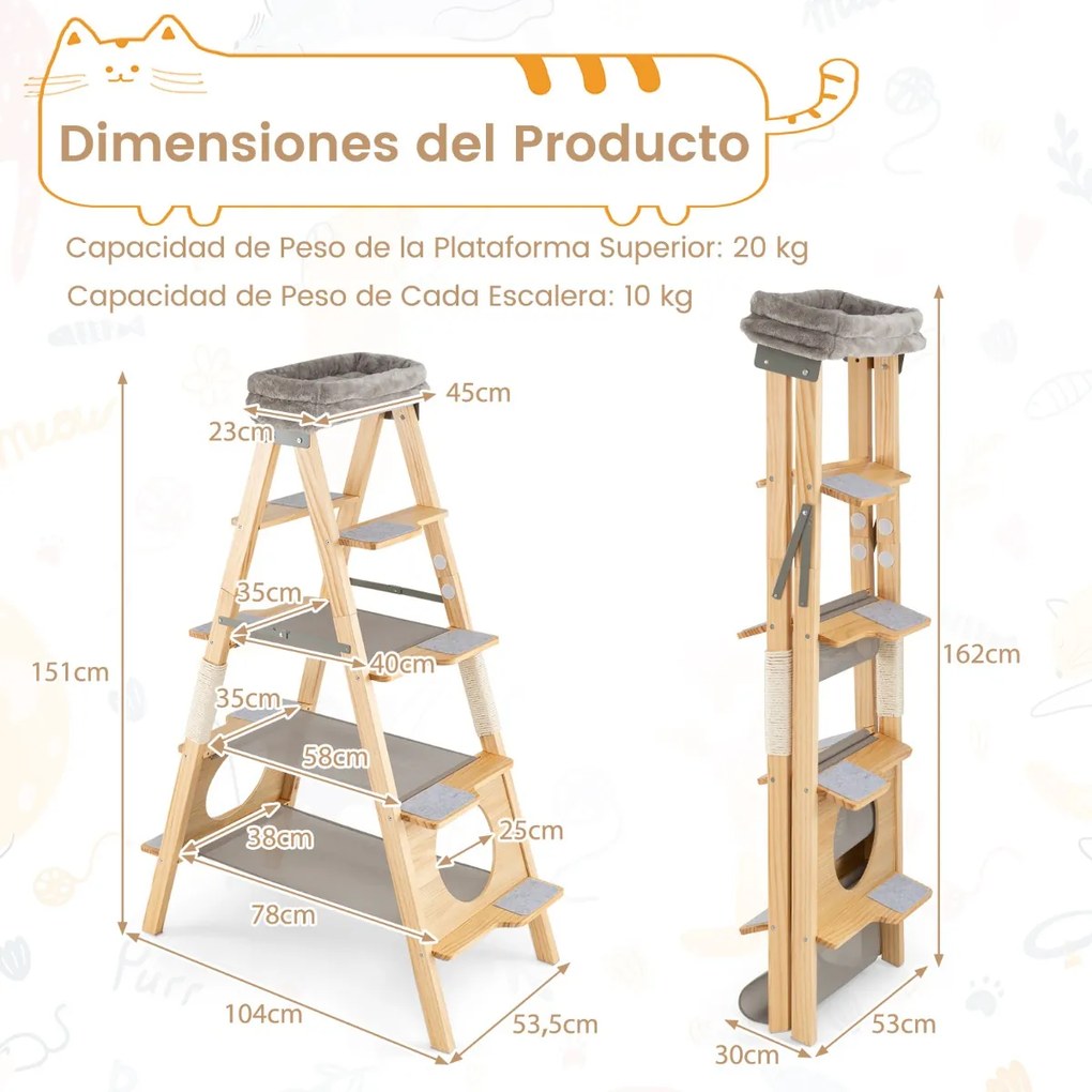 Arranhador para gatos em madeira dobrável com escada Torre alta em pinho maciço de 5 níveis cinzento