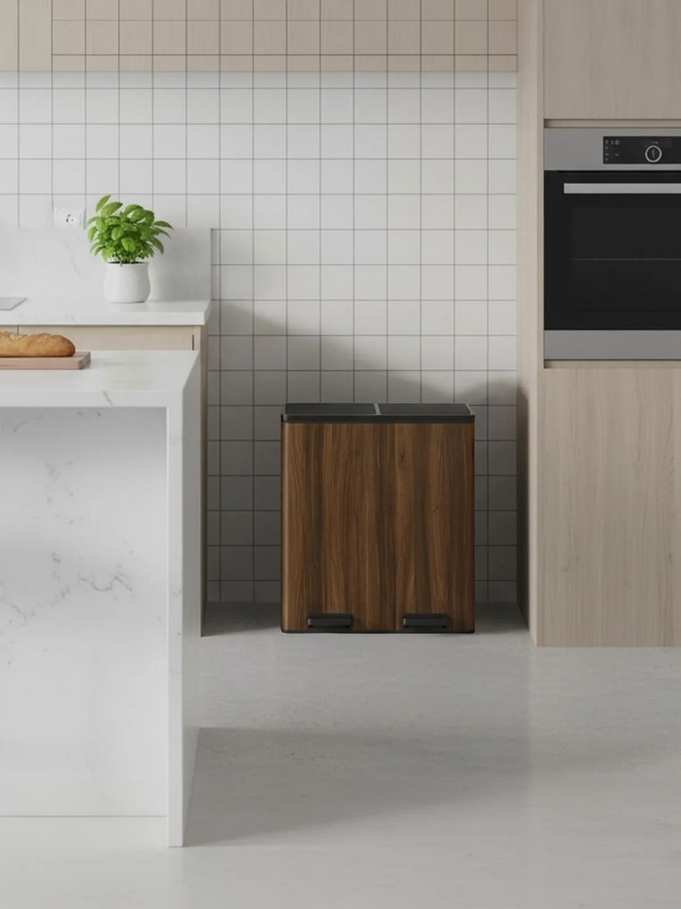 Caixote do lixo 58,5 x 32 x 65 cm de 60 L com  2 compartimentos, caixotes interiores removíveis com pedal castanho