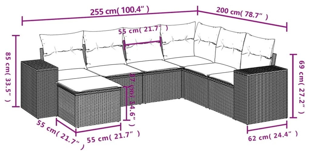 7 pcs conjunto de sofás p/ jardim c/ almofadões vime PE preto