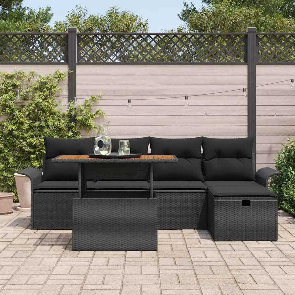 Conjunto de Sofá de Jardim com 6 Peças e Almofadas de Ratan Preto