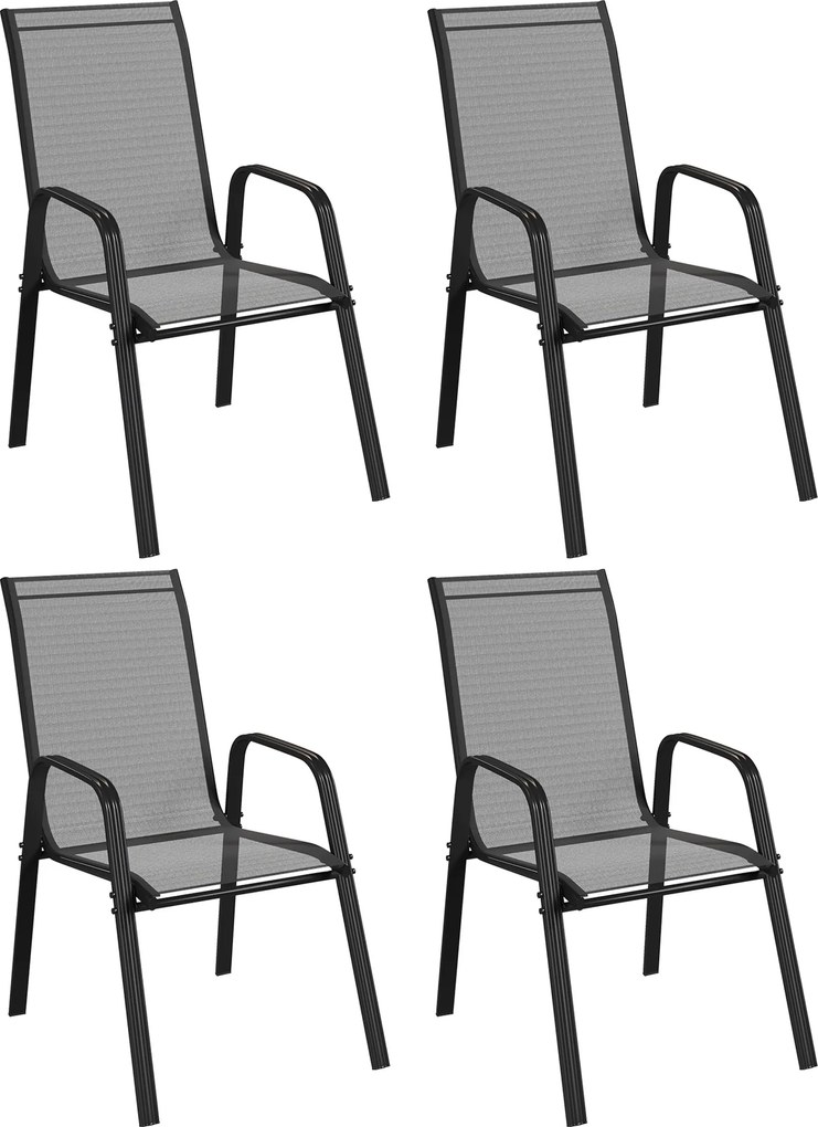 Outsunny Conjunto 4 Cadeiras de Jardim Empilháveis e Compactas com Braços em Metal e Tecido de Rede, Preto | Aosom Portugal