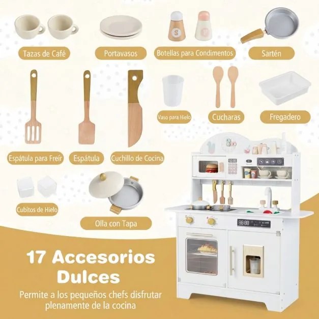 Cozinha brincar infantil de madeira 79,5 x 39,5 x 90,5 cm com 17 acessórios, forno e máquina de gelo, para crianças com mais de 3 anos, branca