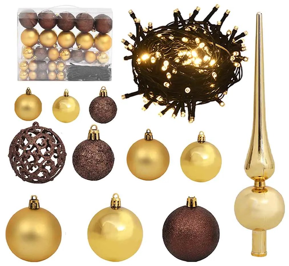 vidaXL Conj. de bolas de natal 60pcs c/ pico e 150 LEDs dourado/bronze