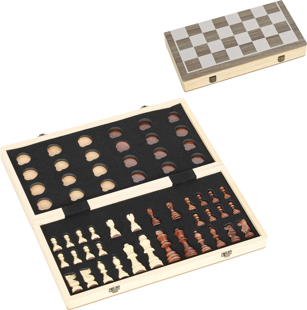 Jogo de Xadrez e Damas em Madeira com Tabuleiro Dobrável Peças de Pinho e Compartimentos de Armazenamento 38,5x38,5x2,8 cm Madeira e Branco