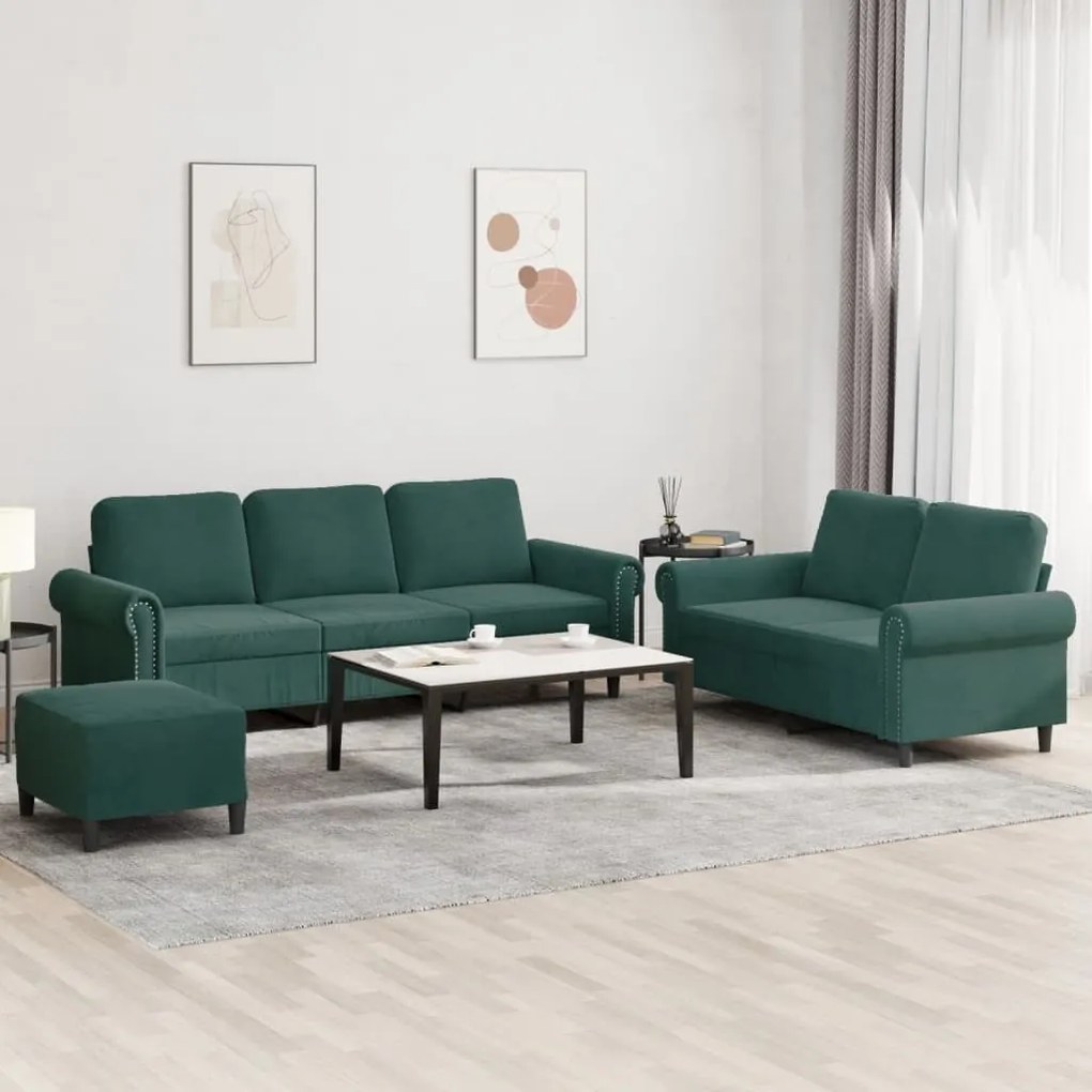 3 pcs conjunto de sofás com almofadões veludo verde-escuro