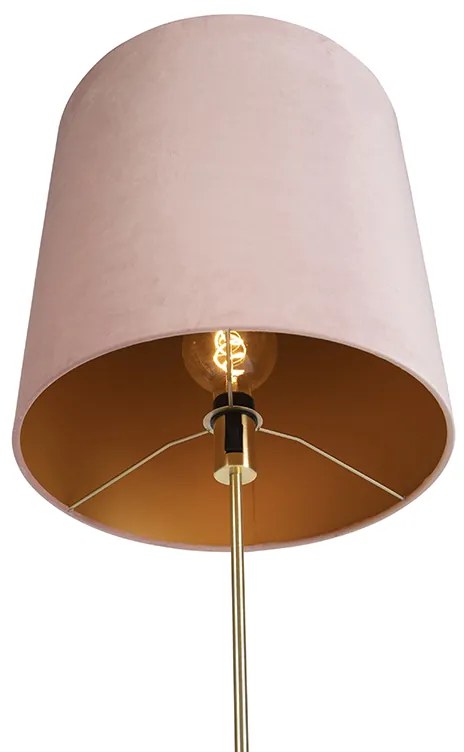 Candeeiro de pé dourado/latão com abajur em veludo rosa 40/40 cm - Parte Country / Rústico