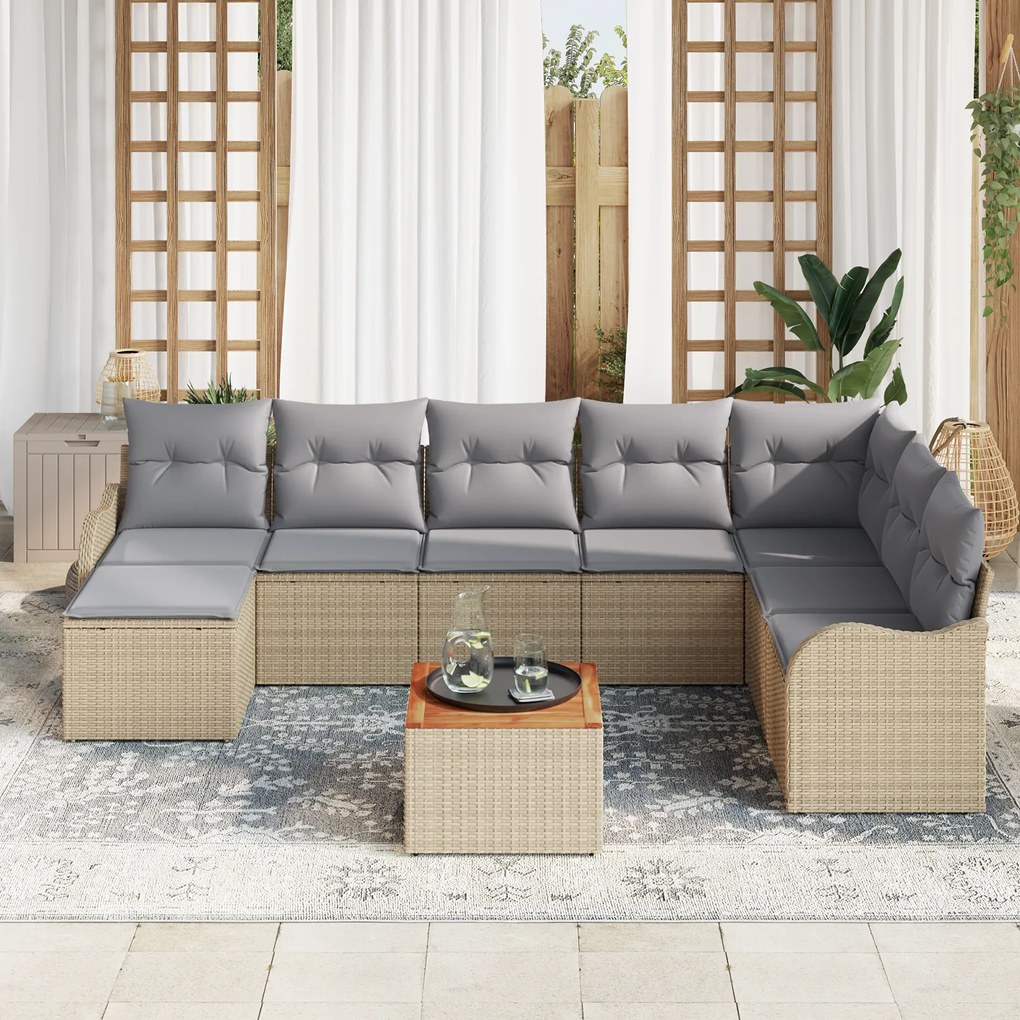 Conjunto de Sofá vidaXL com 9 Peças em Bege de Vime Poly e Acácia.