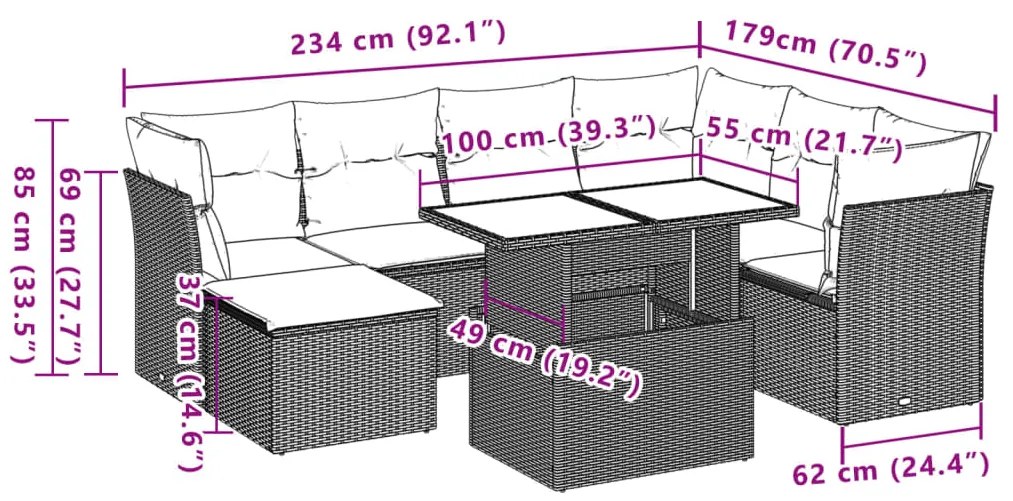 8 pcs conj. sofás jardim c/ almofadões vime PE cinzento-claro