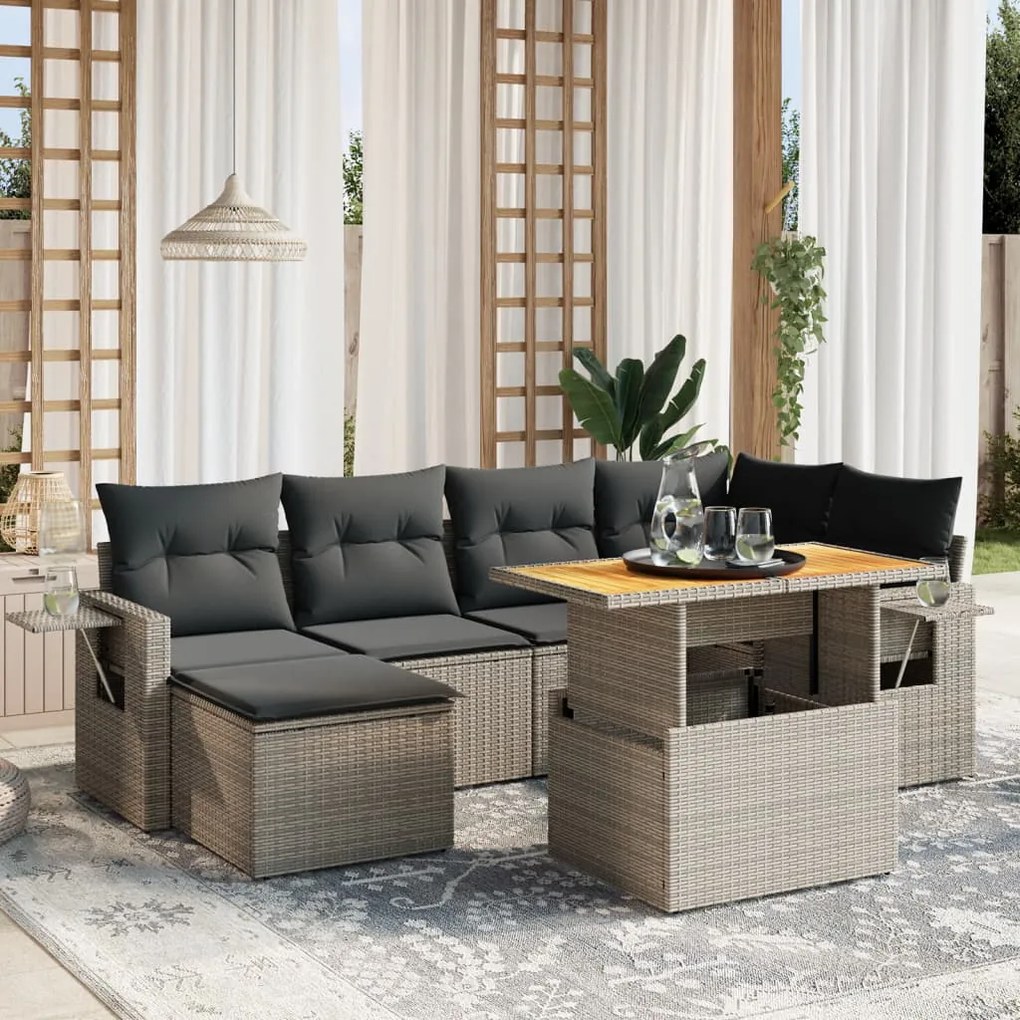 7 pcs conjunto sofás p/ jardim c/ almofadões vime PE cinzento