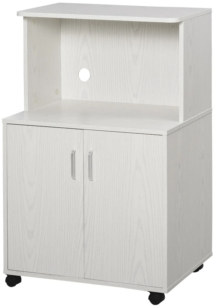 HOMCOM Armário Auxiliar para Microondas Armário de Cozinha Baixo com Armário de 2 Portas e Prateleira Ajustável com Rodas Carga 70 kg 60,4x40,3x97 cm Branco