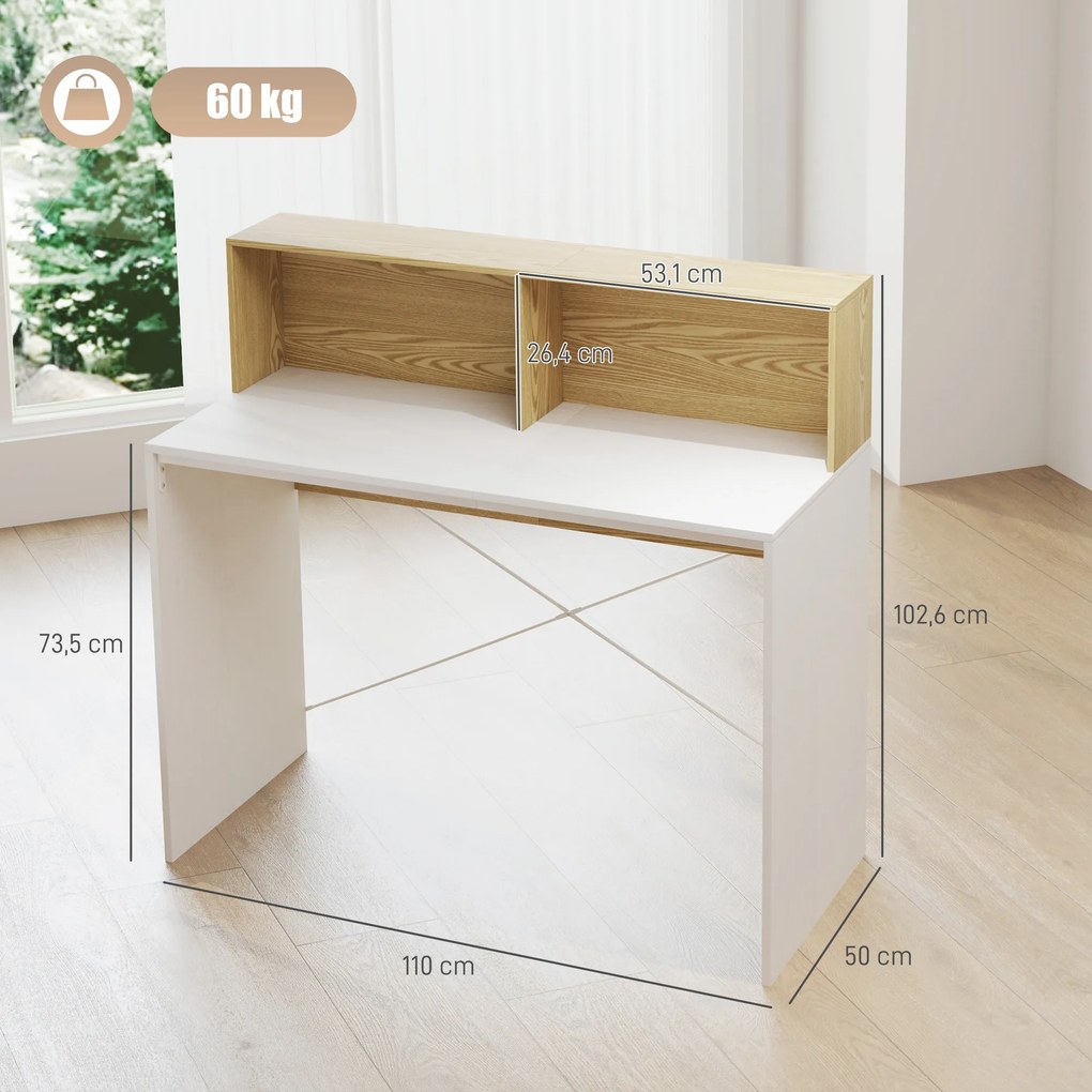 Secretária 110x50x102,6 cm Mesa de Escritório com 2 Compartimentos Abertos e Prateleira Branco e Madeira