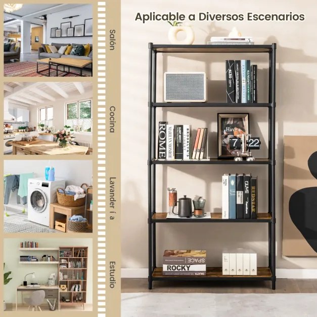 Estante alta com 5 níveis de armazenamento Estrutura metálica para escritório Sala Quarto Cozinha 80 x 29 x 154 cm Castanho Rústico + Preto