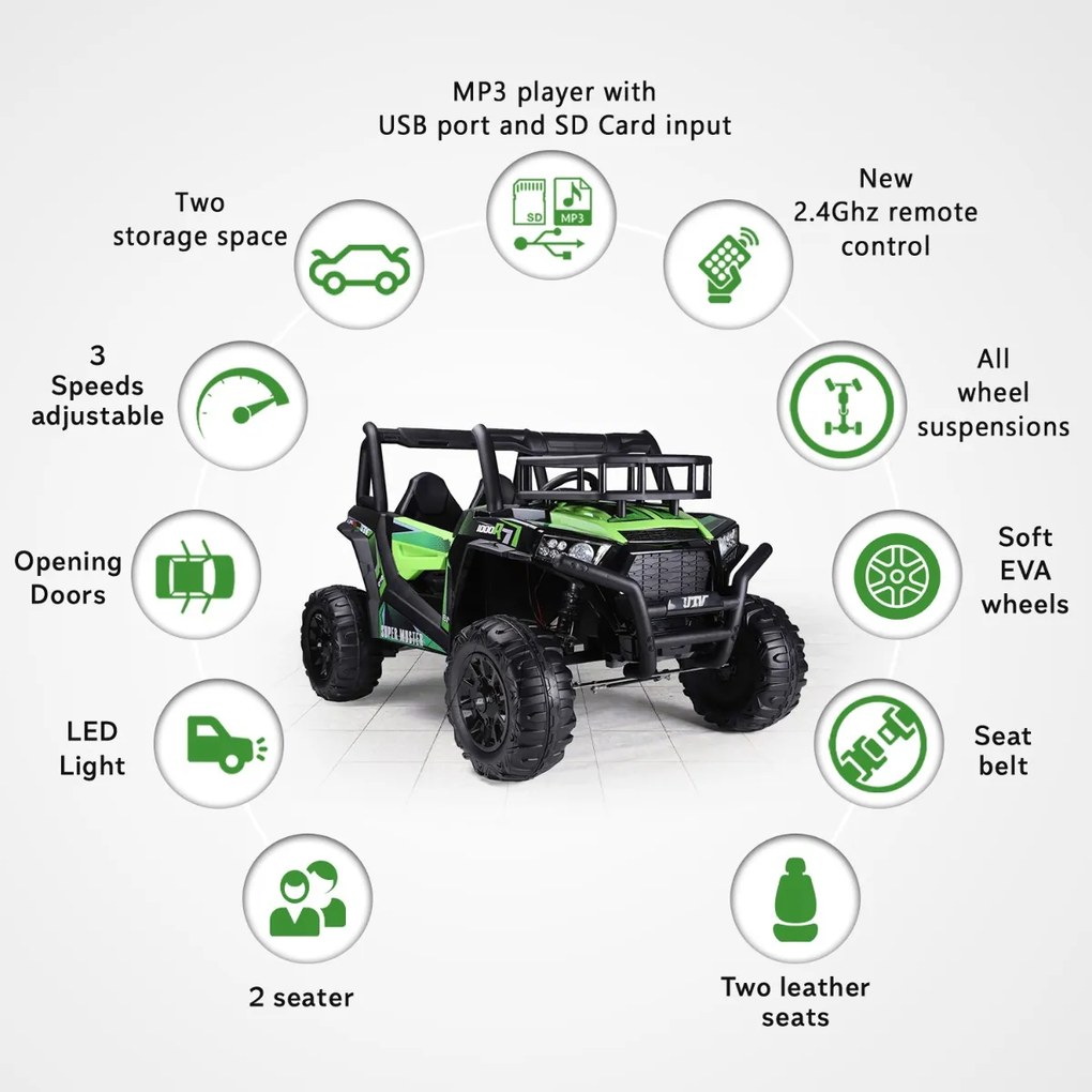 Jipe elétrico para crianças Tipo UTV 24V 2 Lugares em imitação de pele, comando à distância 2,4 GHz, 2 motores de 200 W, bateria de lítio, travão elét