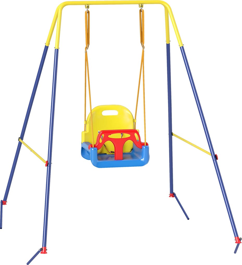 Baloiço para Bebés 3 em 1 Baloiço Jardim com Cordas Ajustáveis Cinto de Segurança Estrutura em A Dobrável 128x155x157 cm Azul