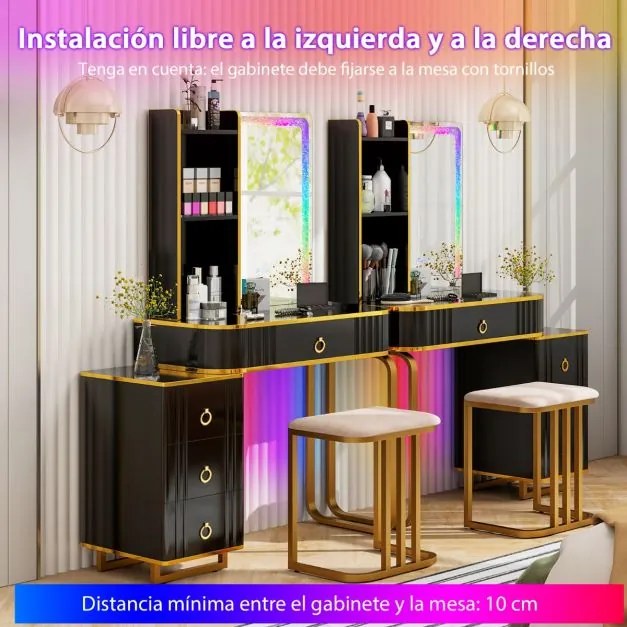 Toucador de maquilhagem RGB com espelho, 4 gavetas, 7 luzes LED dinâmicas, 7 luzes LED estáticas, banqueta e portas USB tipo C para o quarto, preto