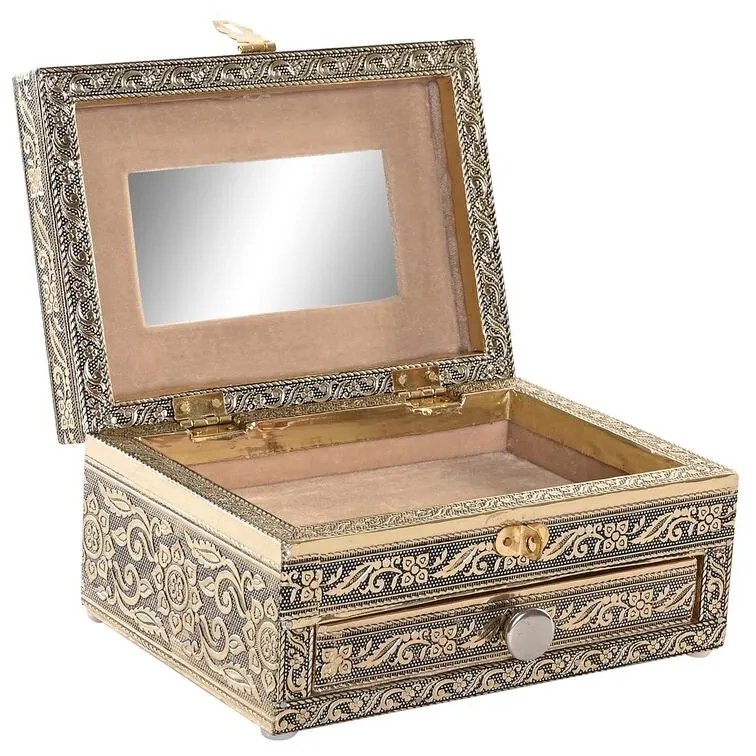 Guarda-Joias DKD Home Decor 17,5 x 12,5 x 8,5 cm Champanhe Bege Madeira Alumínio