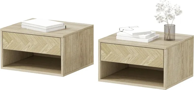 Conjunto de 2 Mesas de Cabeceira Suspensas com Gaveta e Compartimento para Quarto Sala 37x32x21 cm Madeira