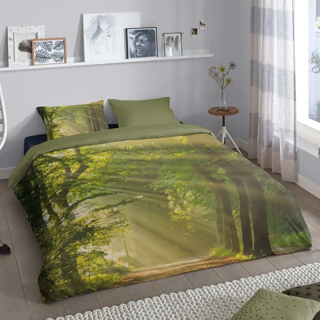 432970 Good Morning Capa de edredão WOODS 140x200/220 cm verde