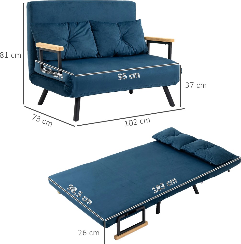 Sofá Cama Sofá Convertível em Cama de 2 Lugares Dobrável com Encosto Ajustável em 5 Níveis e 2 Almofadas 102x73x81 cm Azul