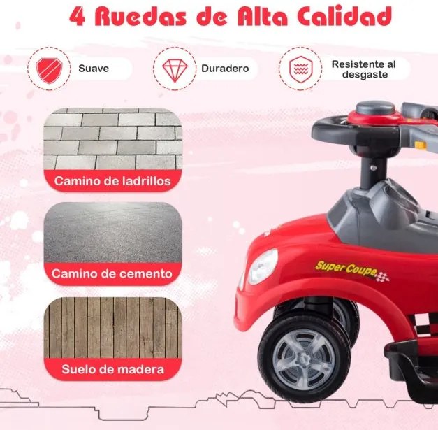 Andarilho 3 em 1 Carro de Empurrar para Crianças de 2 a 6 Anos com Barras de Proteção Removíveis, Alça, Espaço de Armazenamento Oculto e Design Vermel