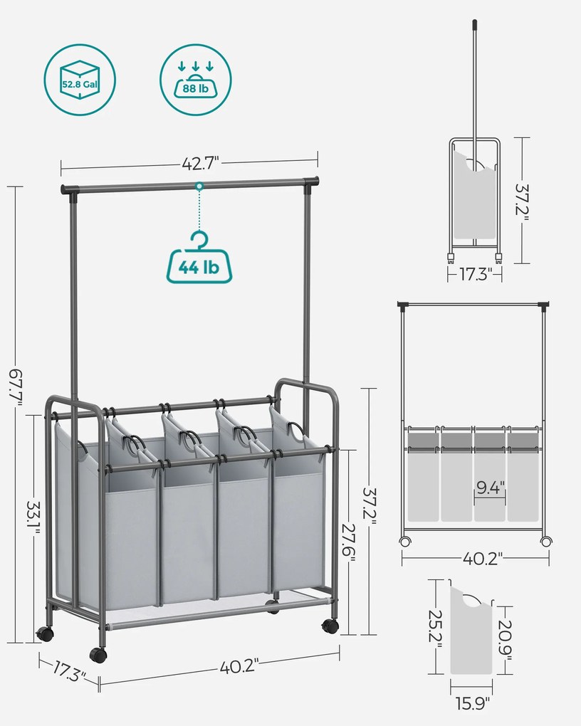 Cesto para roupa suja 4 x 50 litros com Rodas e saco para roupa suja amovível cinzento