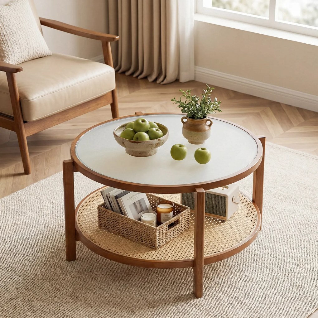 Mesa de Centro Redonda, 88 x 88 x 45 cm, Arrumação em Dois Níveis, Castanho
