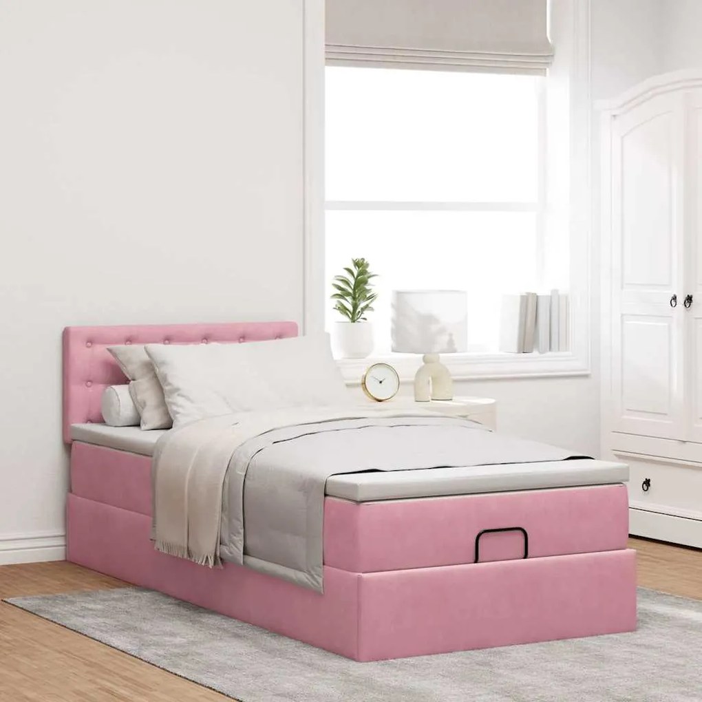 Estrutura de cama otomana com colchão rosa 90x200cm veludo