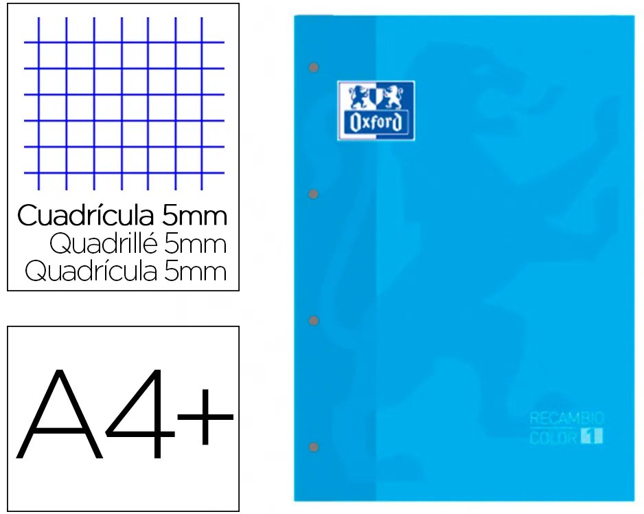 Recarga Cor 1 Oxford Din A4+ 80 Folhas 90 gr Quadricula 5 mm 4 Furos Cor Turquesa