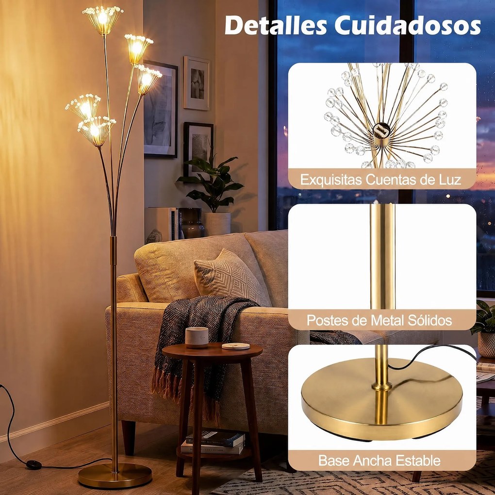 Candeeiro de Pé Dente-de-Leão, 28 x 180 cm, Interruptor de Pé, Dourado