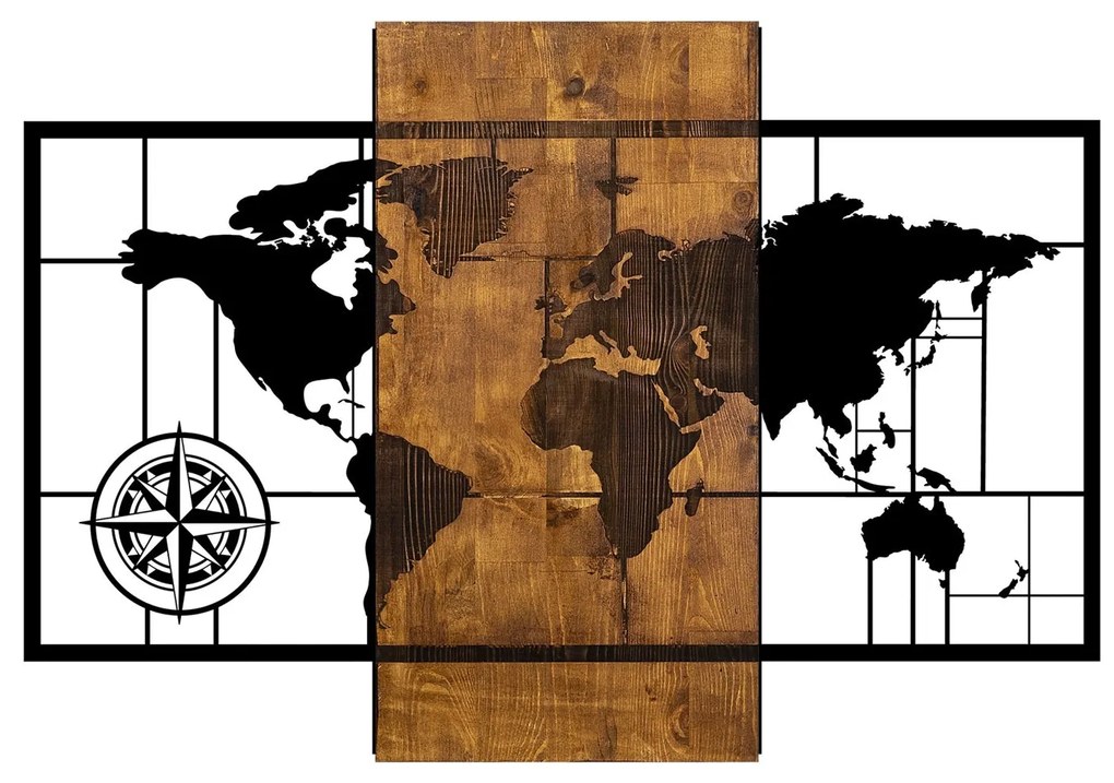 Acessório Decorativo de Parede World Map With Compass – Nogueira e Pre
