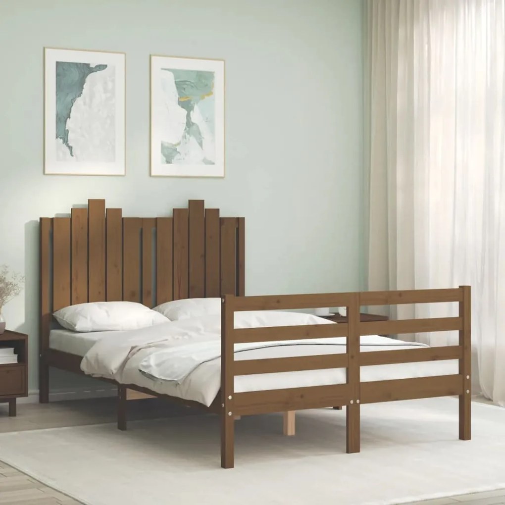 Estrutura de cama dupla pequena 4FT madeira maciça castanho-mel
