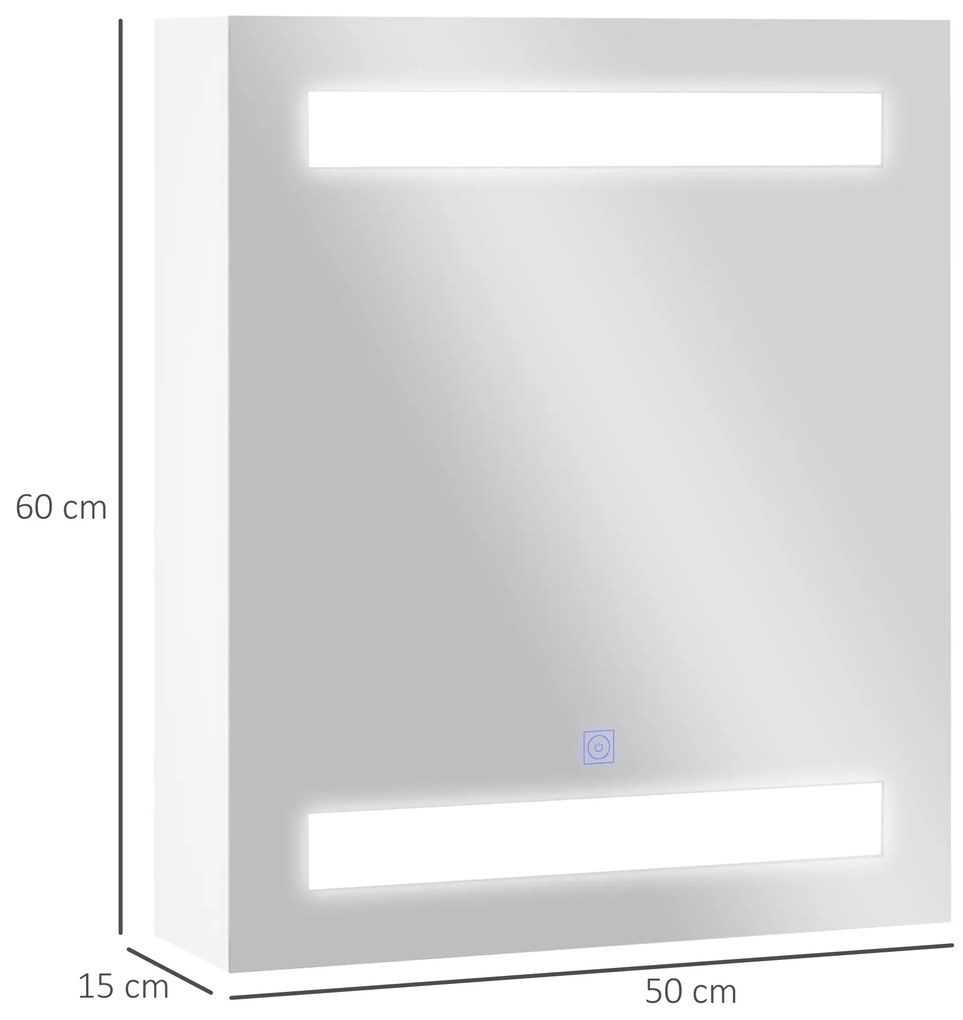 Armário Casa de Banho com Espelho e Luz LED Armário com Espelho com 2 Prateleiras de Armazenamento e Interruptor Tátil 550x15x60 cm Branco