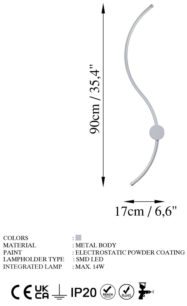 Aplique de Parede Uyan – Cinzento – 90 cm x 17 cm x 10 cm