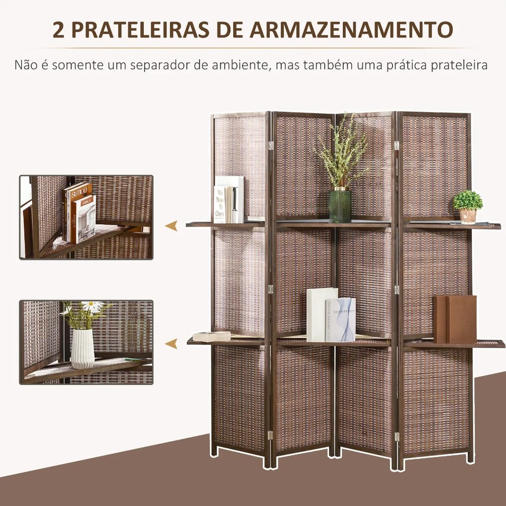 HOMCOM Biombo de 4 Painéis de Bambú Separador de Ambientes Dobrável com 2 Prateleiras Removíveis para Dormitório 180x180cm Marrom