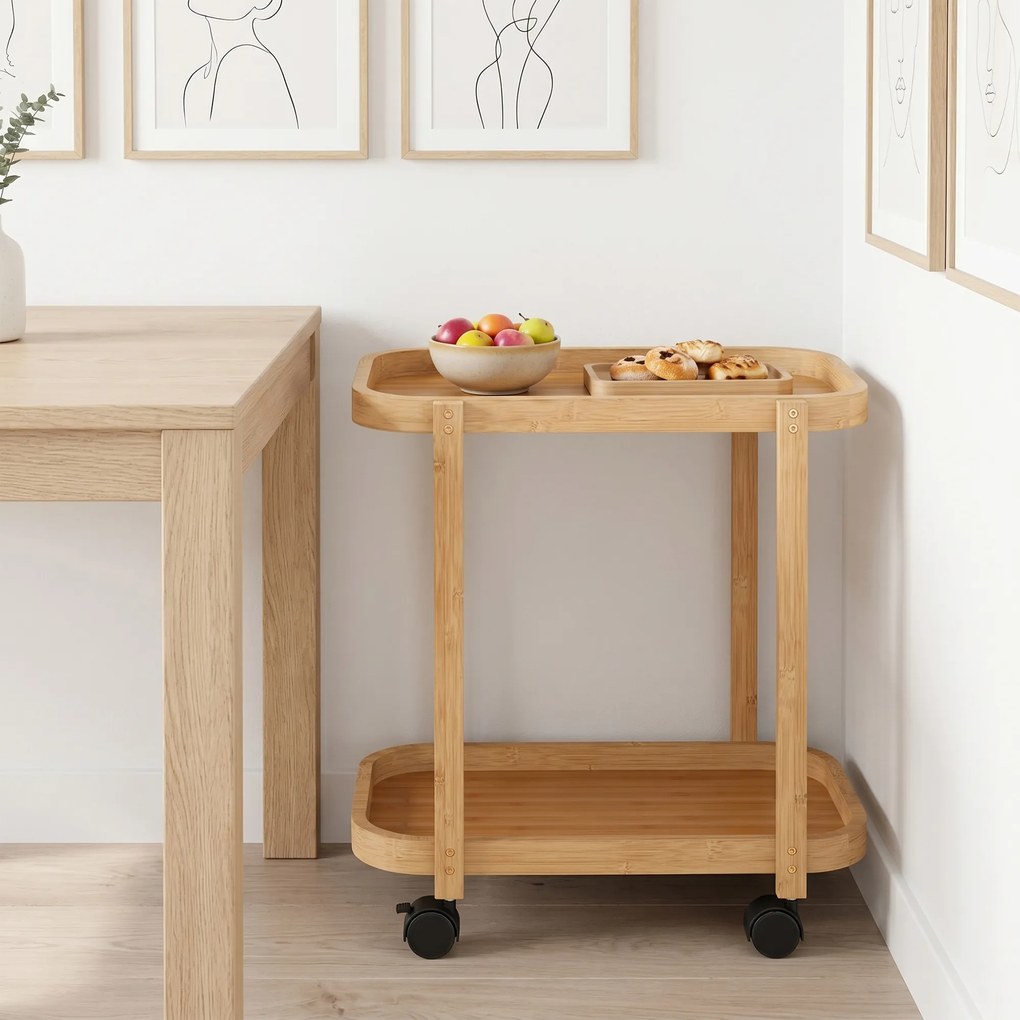 Carrinho de Cozinha de Bambu de 2 Níveis Carrinho Auxiliar para Cozinha com Rodas 2 Prateleiras 54x36,5x60 cm Madeira