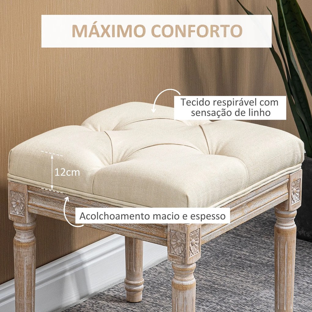 Banco Estilo Vintage com Assento em Capitonê e Pés Esculpidos de Madeira para Entrada Dormitório 40x40x43 cm Bege