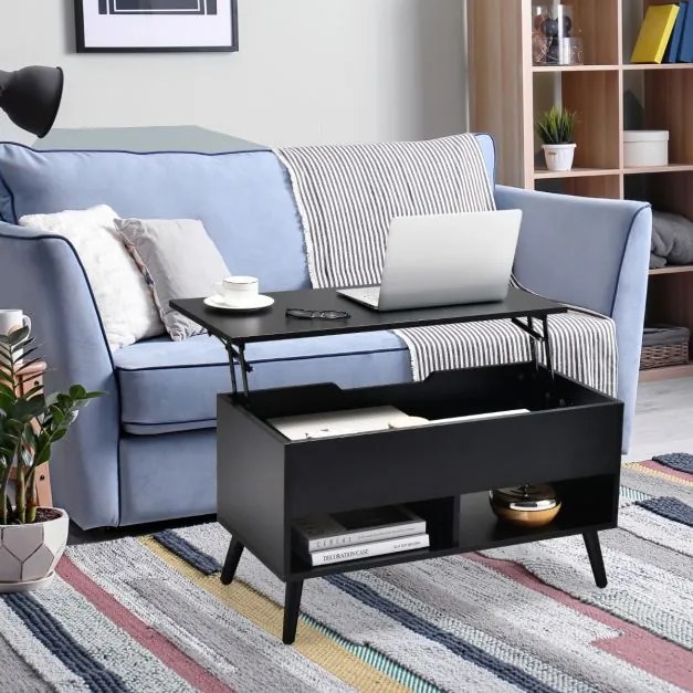 Mesa de centro com tampo elevável 80 x 40 x 46 cm, compartimento oculto e 2 prateleiras para sala de estar Preta