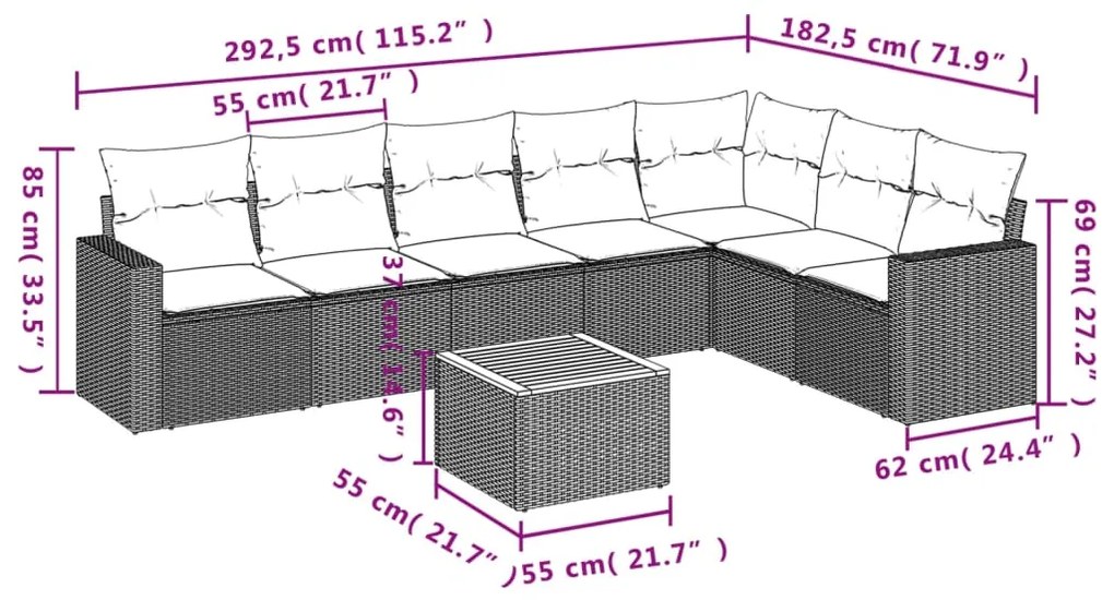 8 pcs conjunto sofás de jardim c/ almofadões vime PE cinzento