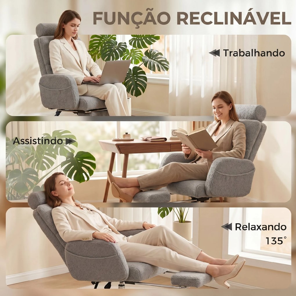 Cadeira de Escritório com Apoio para Pés Estofada em Borreguito e Encosto Reclinável 67x74x107-115 cm Cinza Claro