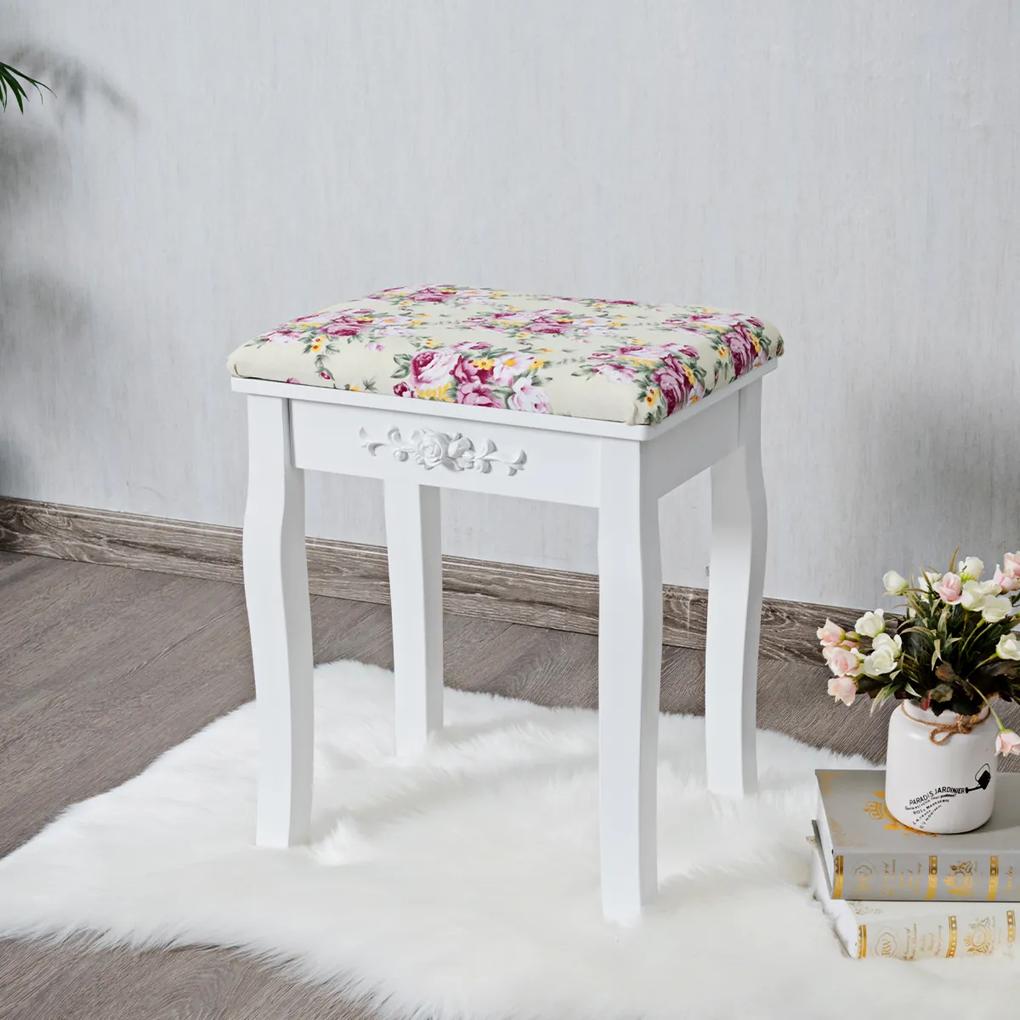 Banquinho de madeira para toucador e assento de piano com almofada  suave 30 x 40 x 50 cm Branco estampado com rosas
