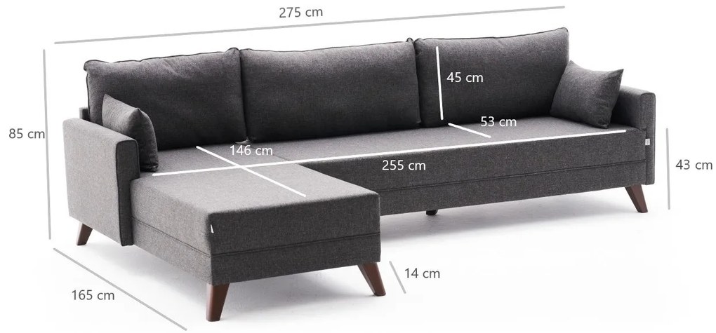 Sofá de Canto Bella – Antracite – 275x85x81 cm