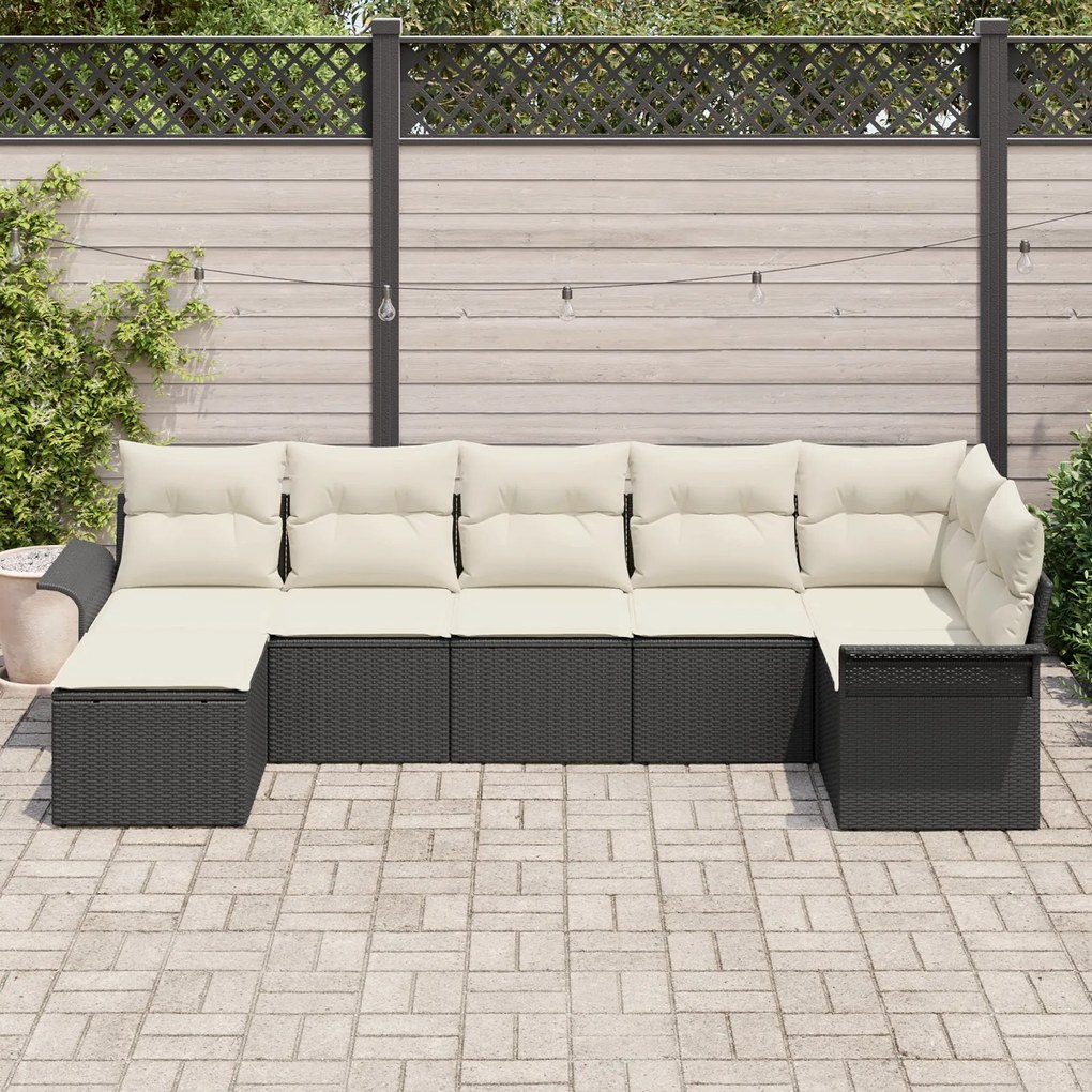 Conjunto de Sofá de Jardim de 7 Peças com Almofadas Preto Rattan Polié