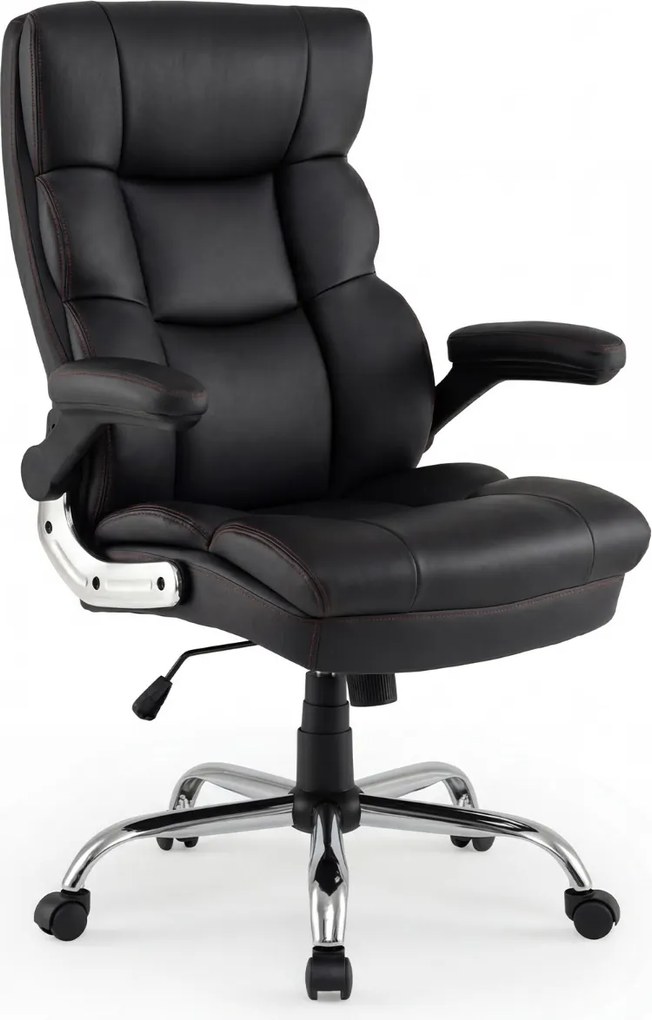 Cadeira de escritório ergonómica em couro sintético com altura ajustável, oscilação, braços rebatíveis e rodas Preta