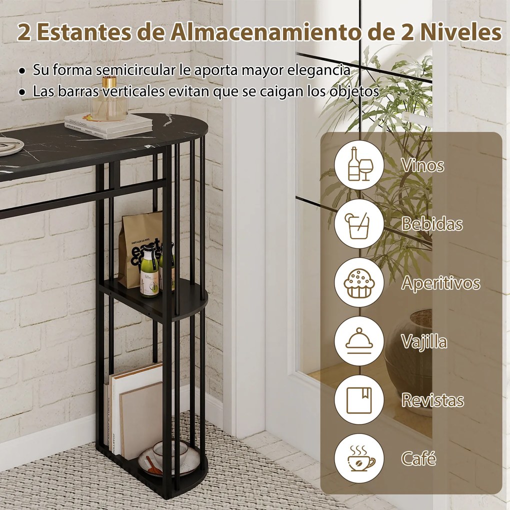 Mesa alta de bar retangular com estantes de arrumação (BANCOS NÃO INCLUIDOS), Estrutura metálica e tampo em imitação mármore; consola estreita para sa