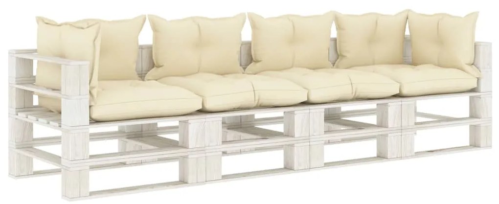 Sofá de paletes jardim 4 lugares c/ almofadões creme madeira