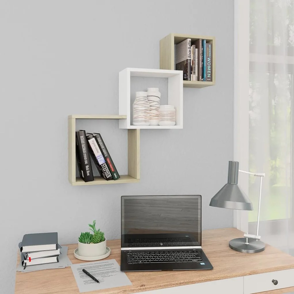 vidaXL Prateleiras parede cubos 68x15x68cm contrapl. branco/carvalho