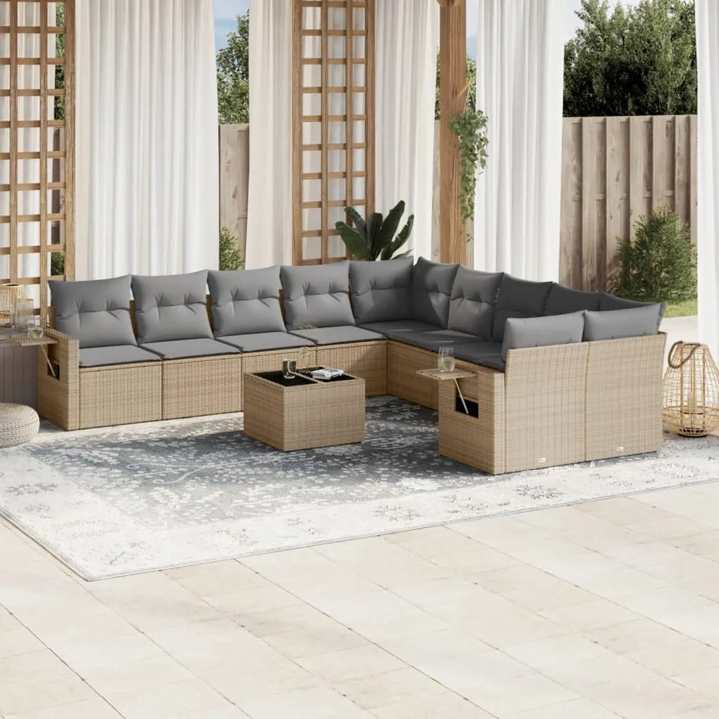 11 pcs conjunto sofás de jardim c/ almofadões vime PE bege